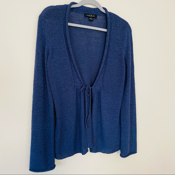 August silk knit open tie cardigan boho blue sweater - Picture 9 of 9